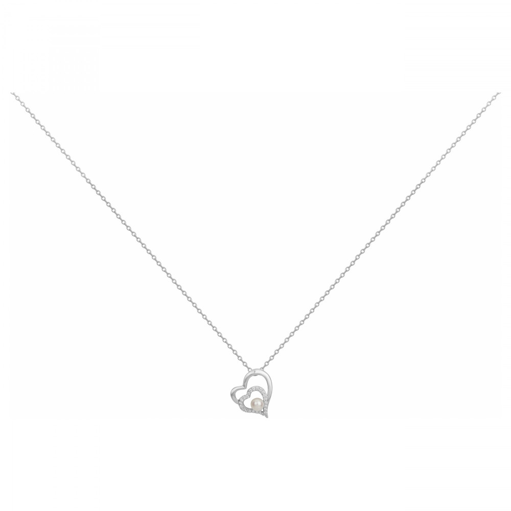 Le Collier argent 925/1000, double coeurs, perle de culture et oxydes de zirconium by Stauffer