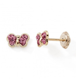 Les Boucles d'oreilles or jaune 375/1000, papillons ornées de cristaux roses by Stauffer