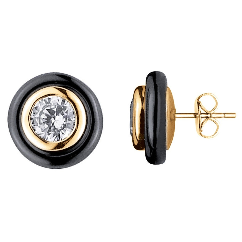 Boucles d'oreilles plaqué or et Céramique noire et oxydes de zirconium by Stauffer Ref. 1-46-0004