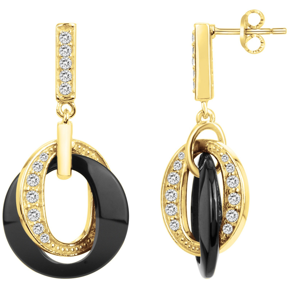 Boucles d'oreilles pendantes plaqué or et Céramique noire et oxydes de zirconium by Stauffer Ref. 1-46-0008