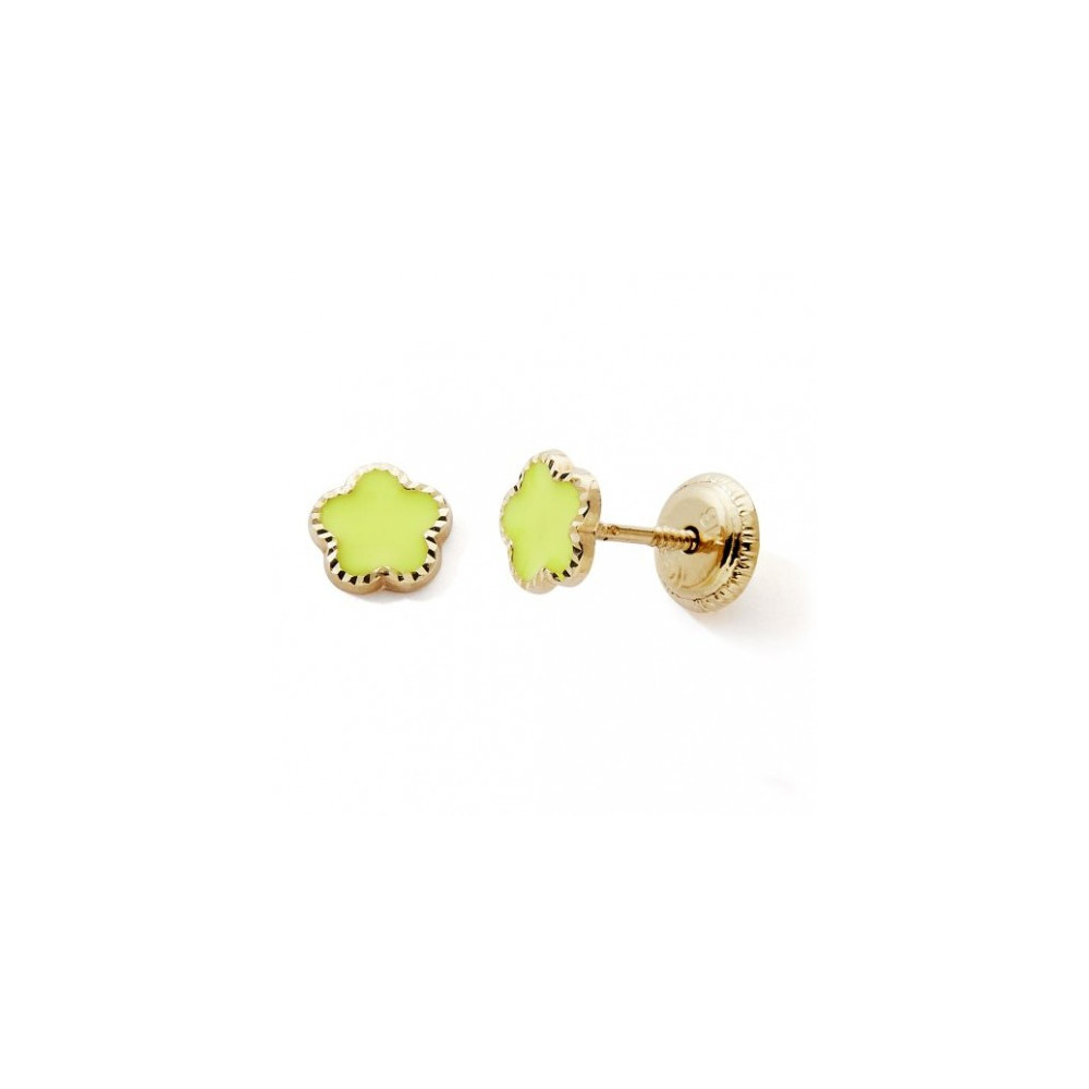 Les Boucles d'oreilles or jaune 375/1000, fleur laque jaune by Stauffer