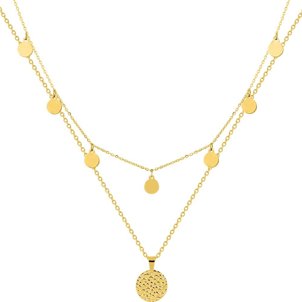 Le Collier double chaînes, femme acier doré jaune, avec pampilles, by Stauffer.