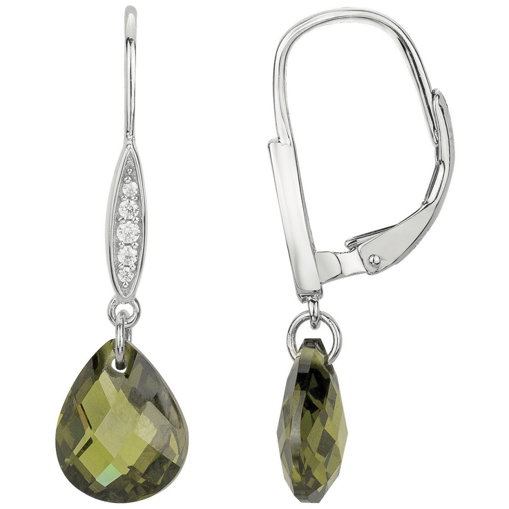 Boucles d'oreilles pendantes Argent 925/1000 2 oxydes de zircoinum vert olive et 10 oxydes de zirconium by Stauffer