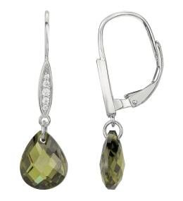 Boucles d'oreilles pendantes Argent 925/1000 2 oxydes de zircoinum vert olive et 10 oxydes de zirconium by Stauffer