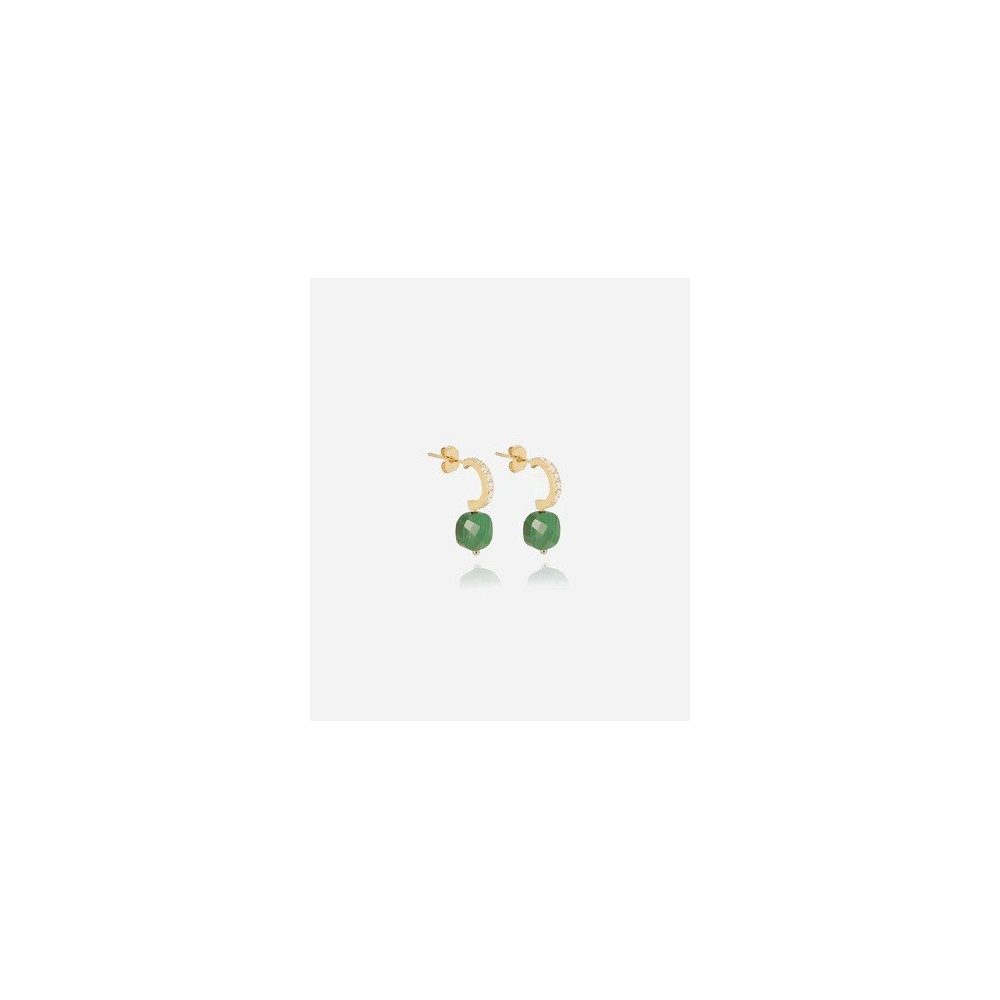 Boucles d'oreilles demi-créoles Pablo en acier PVD jaune, Malachite et oxydes de zirconium, ZAG bijoux, SEC15220-01GRN