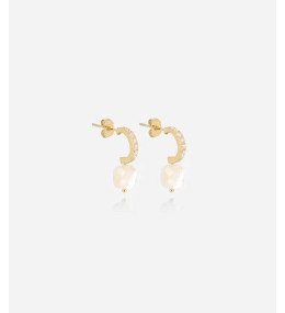 Boucles d'oreilles demi-créoles Pablo en acier PVD jaune, Nacre et oxydes de zirconium, ZAG bijoux, SEC15220-01SEL