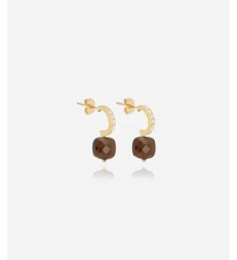 Boucles d'oreilles demi-créoles Pablo en acier PVD jaune, Onyx noir et oxydes de zirconium, ZAG bijoux, SEC15220-01BLK