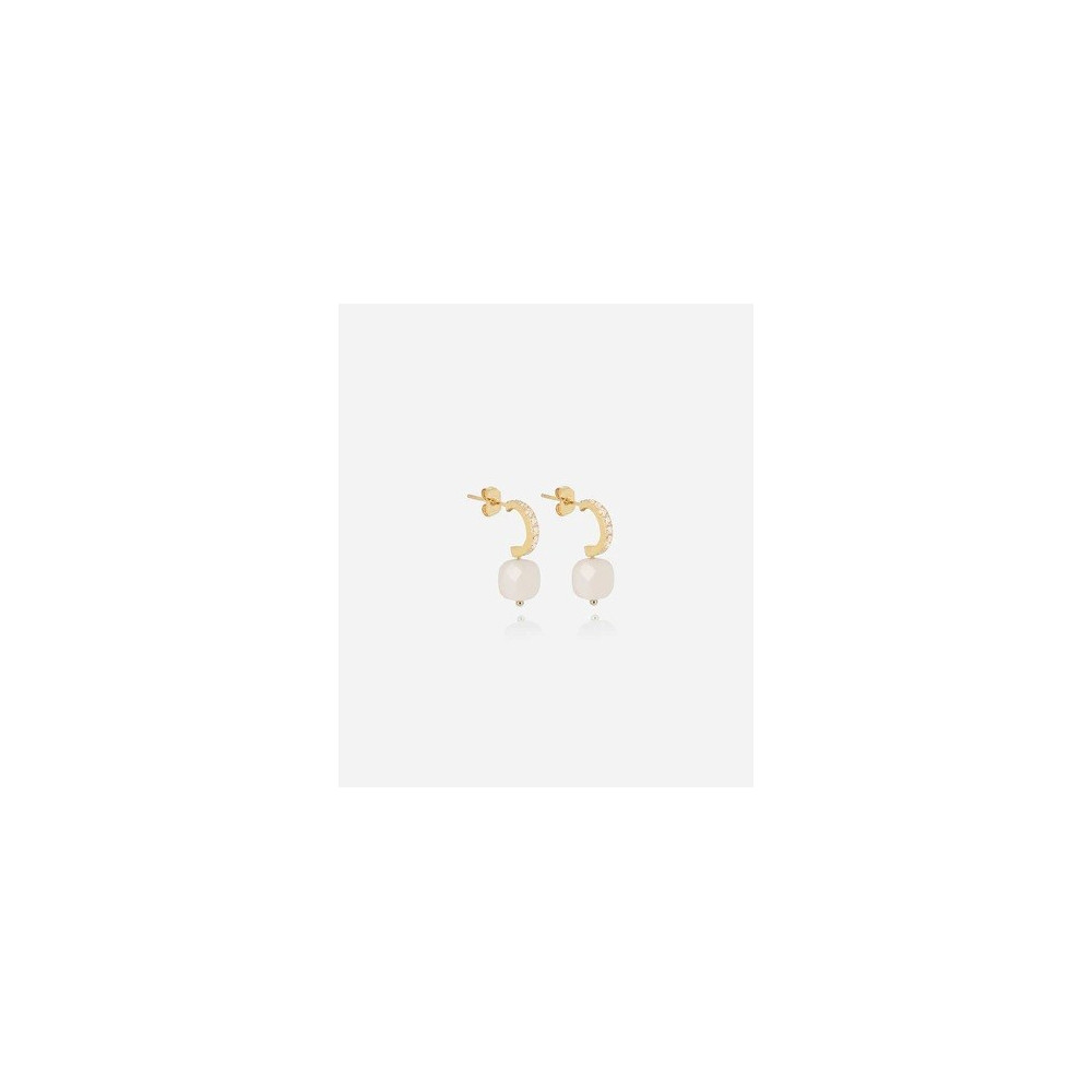 Boucles d'oreilles demi-créoles Pablo en acier PVD jaune, Agate blanche et oxydes de zirconium, ZAG bijoux, SEC15220-01WHT