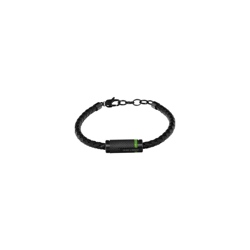 Bracelet homme Pierre Lannier Paddock (verte), acier PVD noir et cuir tressé, BJ40A1571