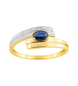 Bague or jaune 375/1000, saphir bleu taille ovale et diamants by Stauffer
