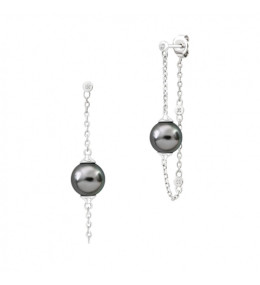 Boucles d'oreilles pendantes Epure argent 925/1000, perles de Tahiti et diamants IZA B, FEZ23E006HP