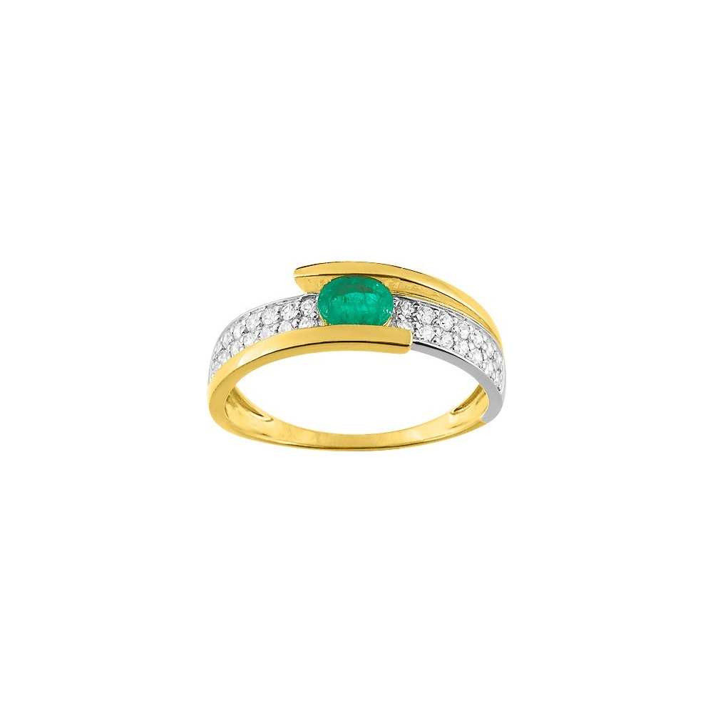 Bague or bicolore 375/1000, émeraude et oxydes de zirconium by Stauffer