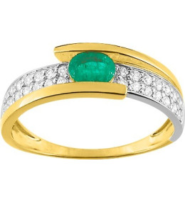Bague or bicolore 375/1000, émeraude et oxydes de zirconium by Stauffer