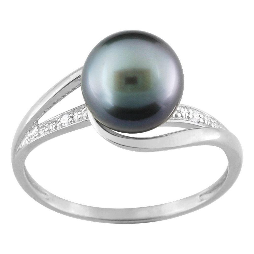 Bague or gris 375/1000, perle de culture de Tahiti de 8,00 mm et oxydes de zirconium by Stauffer