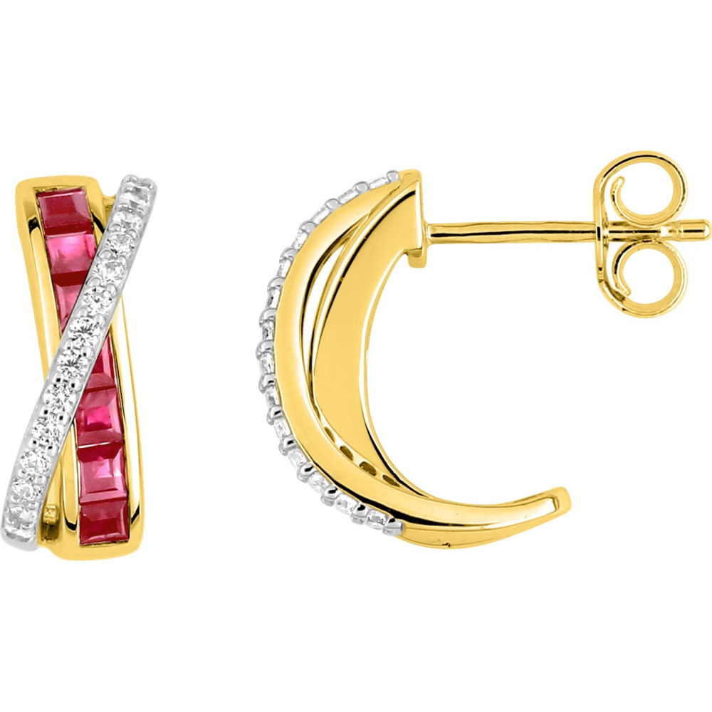 Boucles d'oreilles or bicolore 375/1000, rubis taille princesse et oxydes de zirconium by Stauffer