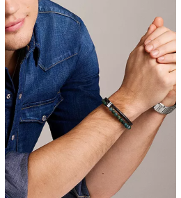 Le Bracelet Homme FOSSIL, multirang en agate mousse et cuir, marron, JF04854040