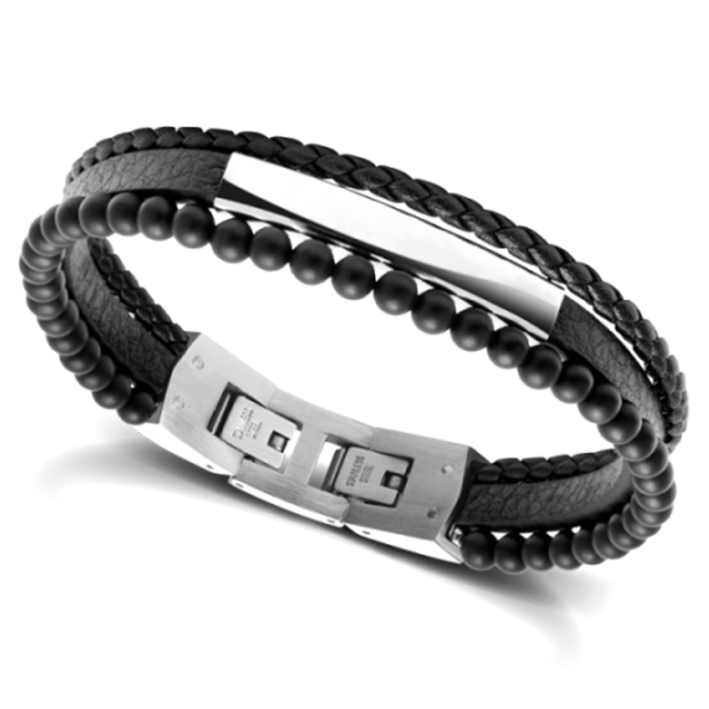 Bracelet YALE Acier et Cuir plat 5mm tressé 3mm Noir, perles 4mm, Rochet HB6601