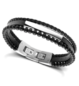 Bracelet YALE Acier et Cuir plat 5mm tressé 3mm Noir, perles 4mm, Rochet HB6601