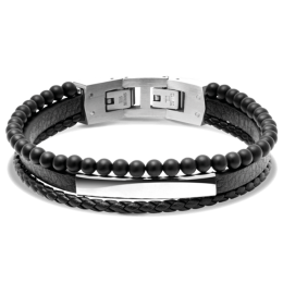 Bracelet YALE Acier et Cuir plat 5mm tressé 3mm Noir, perles 4mm, Rochet HB6601