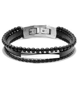 Bracelet YALE Acier et Cuir plat 5mm tressé 3mm Noir, perles 4mm, Rochet HB6601