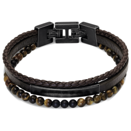 Bracelet YALE Acier vintage et Cuir plat 5mm Marron tressé 3mm Marron, Rochet HB6693