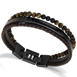Bracelet YALE Acier vintage et Cuir plat 5mm Marron tressé 3mm Marron, Rochet HB6693