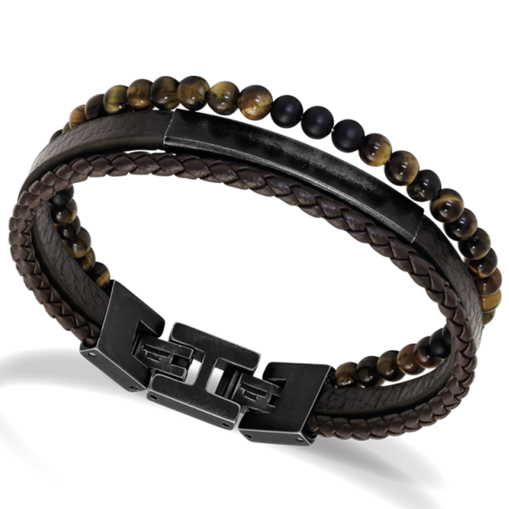 Bracelet YALE Acier vintage et Cuir plat 5mm Marron tressé 3mm Marron, Rochet HB6693