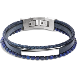 Bracelet YALE Acier et Cuir plat 5mm tressé 3mm Bleu, perles 4mm, Rochet HB6612