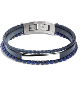 Bracelet YALE Acier et Cuir plat 5mm tressé 3mm Bleu, perles 4mm, Rochet HB6612