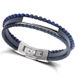 Bracelet YALE Acier et Cuir plat 5mm tressé 3mm Bleu, perles 4mm, Rochet HB6612
