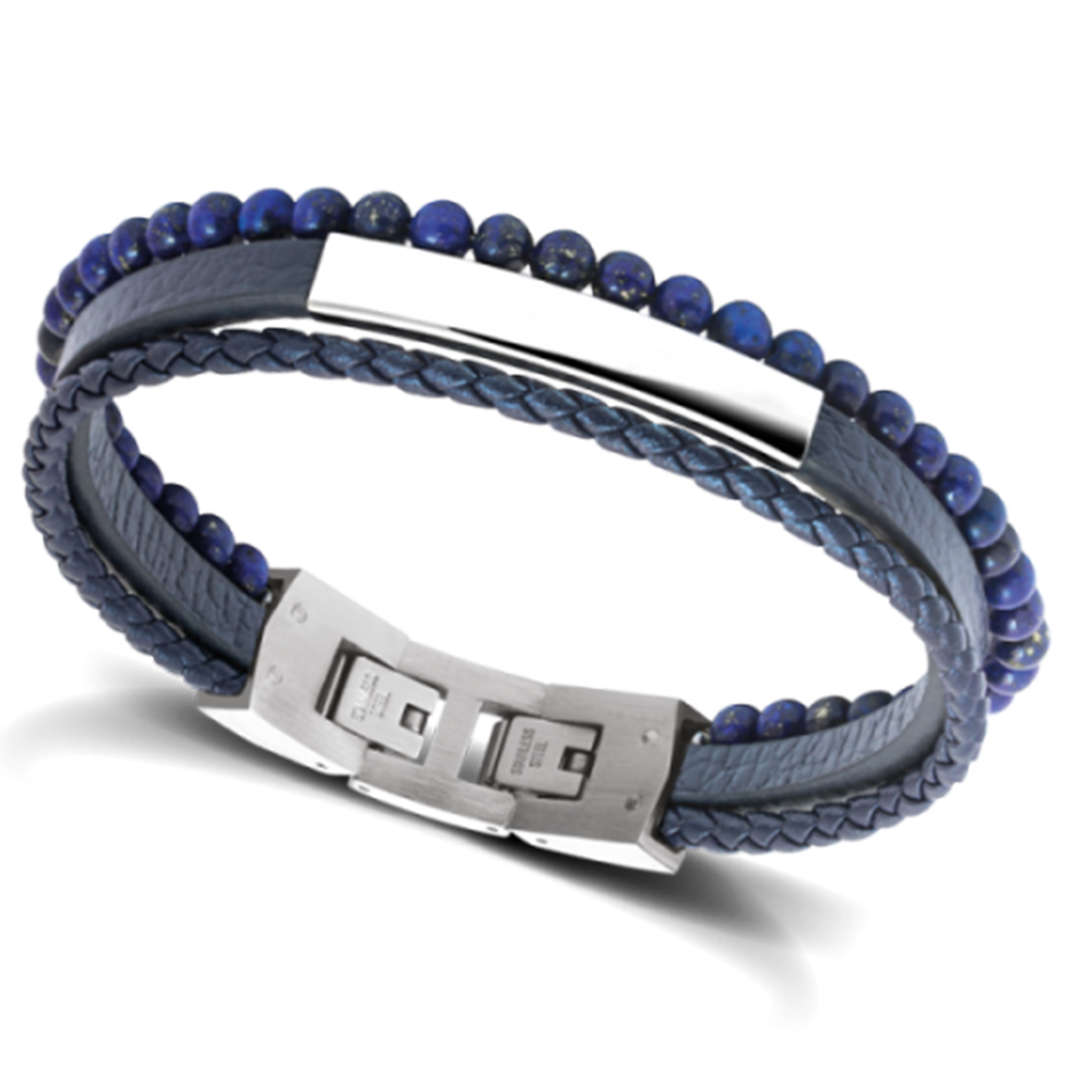 Bracelet YALE Acier et Cuir plat 5mm tressé 3mm Bleu, perles 4mm, Rochet HB6612