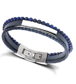 Bracelet YALE Acier et Cuir plat 5mm tressé 3mm Bleu, perles 4mm, Rochet HB6612