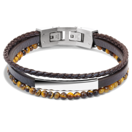 Bracelet YALE Acier et Cuir plat 5mm tressé 3mm Marron, perles 4mm, Rochet HB6603