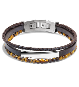 Bracelet YALE Acier et Cuir plat 5mm tressé 3mm Marron, perles 4mm, Rochet HB6603