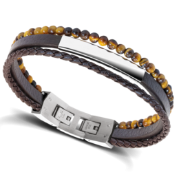 Bracelet YALE Acier et Cuir plat 5mm tressé 3mm Marron, perles 4mm, Rochet HB6603