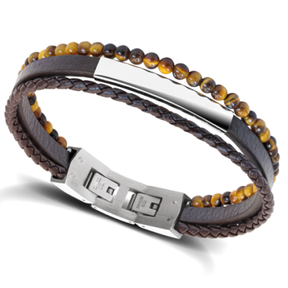 Bracelet YALE Acier et Cuir plat 5mm tressé 3mm Marron, perles 4mm, Rochet HB6603