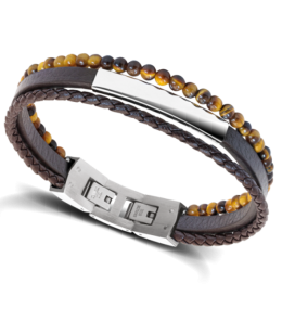 Bracelet YALE Acier et Cuir plat 5mm tressé 3mm Marron, perles 4mm, Rochet HB6603