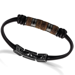 Bracelet SHAMAN 8mm Cuir lisse Marron et perles Acier vintage 21cm, Rochet HB752