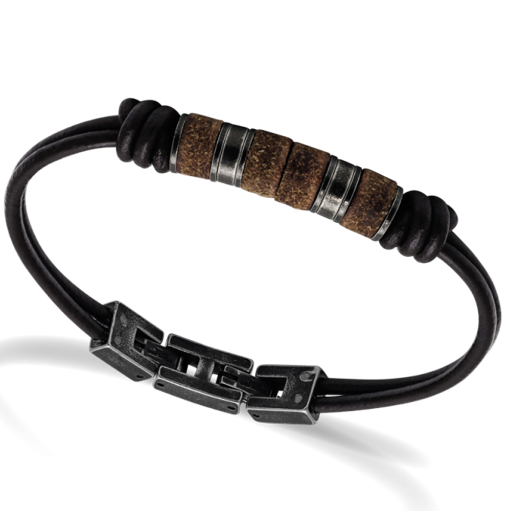 Bracelet SHAMAN 8mm Cuir lisse Marron et perles Acier vintage 21cm, Rochet HB752