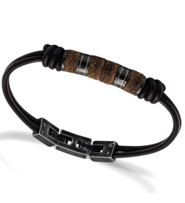 Bracelet SHAMAN 8mm Cuir lisse Marron et perles Acier vintage 21cm, Rochet HB752