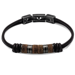 Bracelet SHAMAN 8mm Cuir lisse Marron et perles Acier vintage 21cm, Rochet HB752