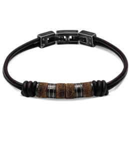 Bracelet SHAMAN 8mm Cuir lisse Marron et perles Acier vintage 21cm, Rochet HB752