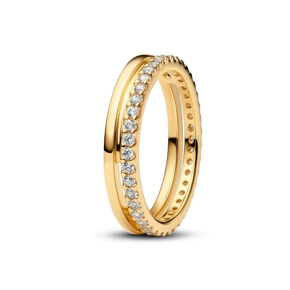 Bague anneau double semi pavé Pandora Timeless, doré or jaune 585/1000, 163799C01