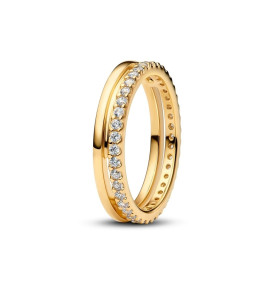 Bague anneau double semi pavé Pandora Timeless, doré or jaune 585/1000, 163799C01