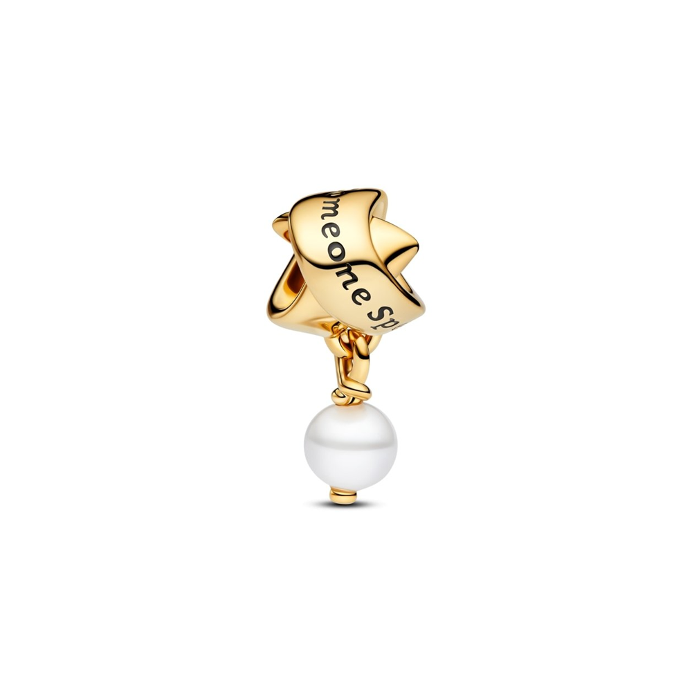 Charm Pandora Moments, ruban et perle de culture d'eau douce en métal doré or jaune 585/1000, 763784C01