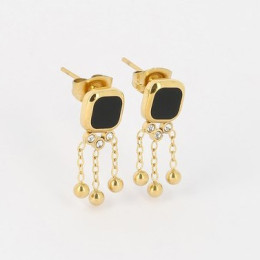 Boucles d'oreilles pendantes Rainy en acier PVD jaune, onyx et oxydes de zirconium ZAG bijoux, SEM18202-01BLK