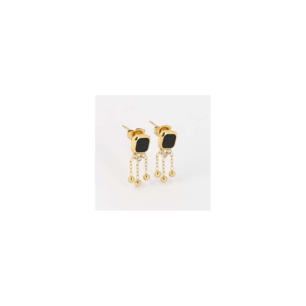 Boucles d'oreilles pendantes Rainy en acier PVD jaune, onyx et oxydes de zirconium ZAG bijoux, SEM18202-01BLK
