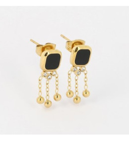 Boucles d'oreilles pendantes Rainy en acier PVD jaune, onyx et oxydes de zirconium ZAG bijoux, SEM18202-01BLK
