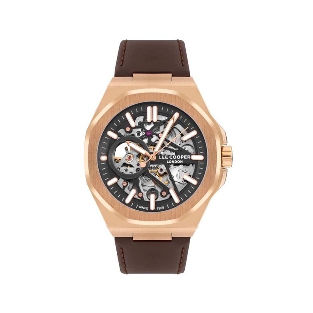 Montre Homme Lee Cooper Samuel, acier doré or rose et cuir marron automatique, LC07978.454