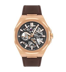 Montre Homme Lee Cooper Samuel, acier doré or rose et cuir marron automatique, LC07978.454